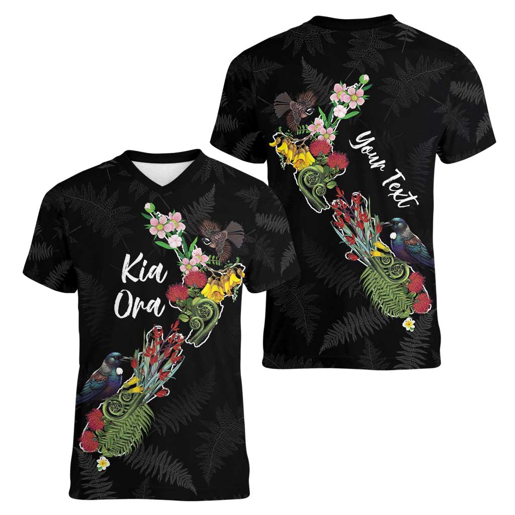 Kia Ora New Zealand Floral Personalized Women V-Neck T-Shirt Black - Aussie Hoodie