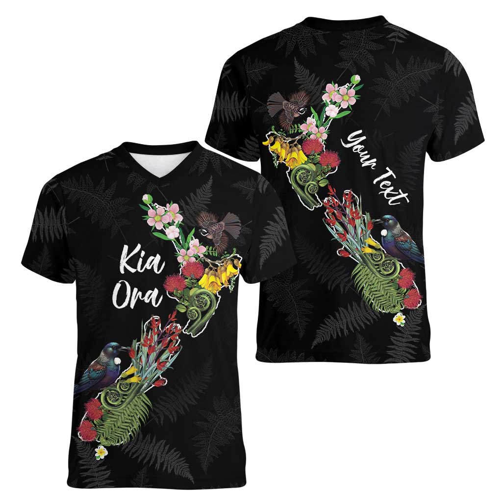 Kia Ora New Zealand Floral Personalized Women V-Neck T-Shirt Black - Aussie Hoodie
