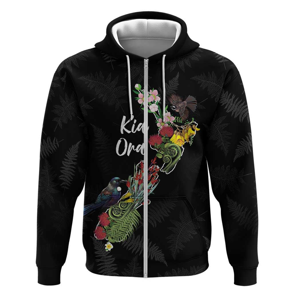 Kia Ora New Zealand Floral Personalized Zip Hoodie Black - Aussie Hoodie