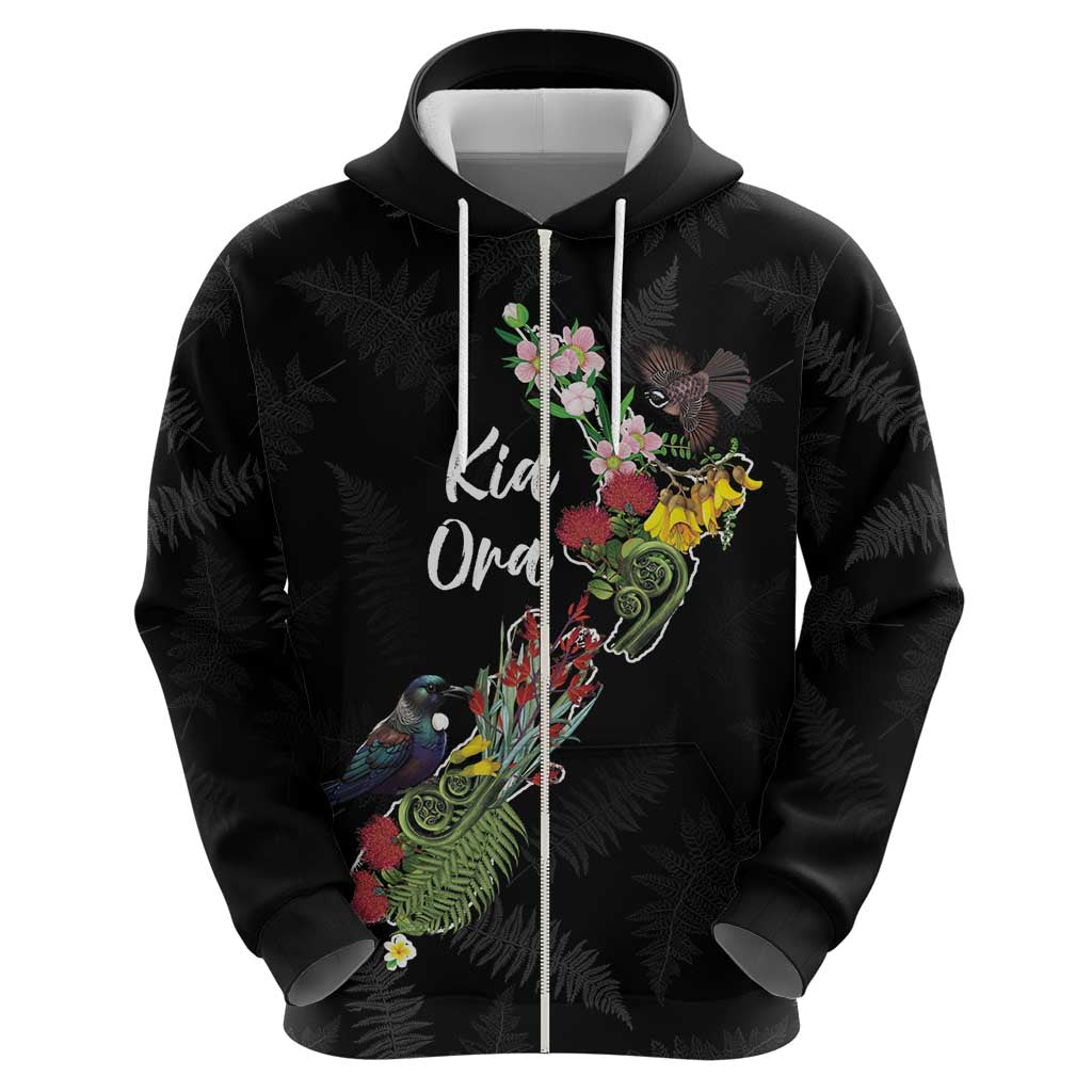 Kia Ora New Zealand Floral Personalized Zip Hoodie Black - Aussie Hoodie