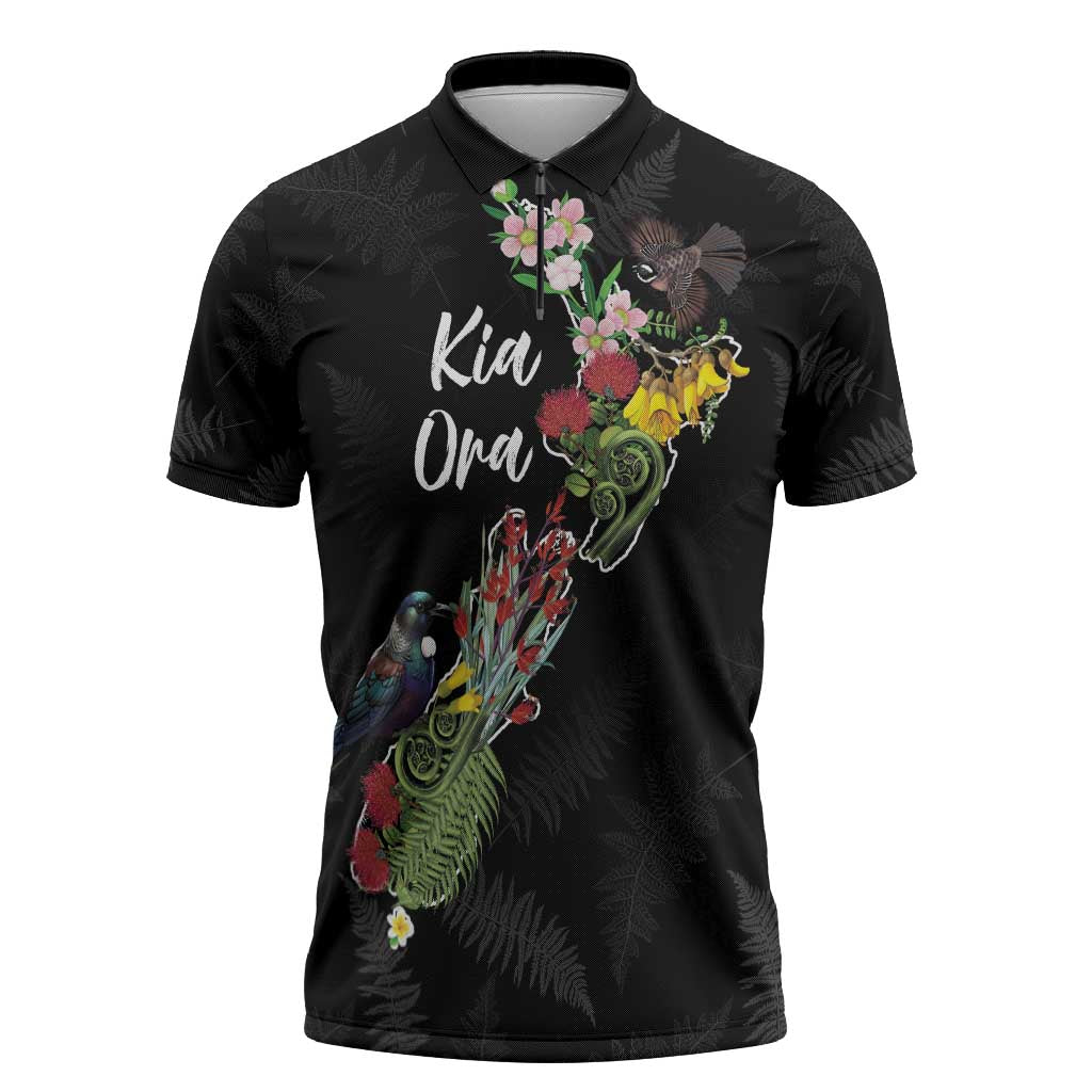 Kia Ora New Zealand Floral Personalized Zipper Polo Shirt Black - Aussie Hoodie