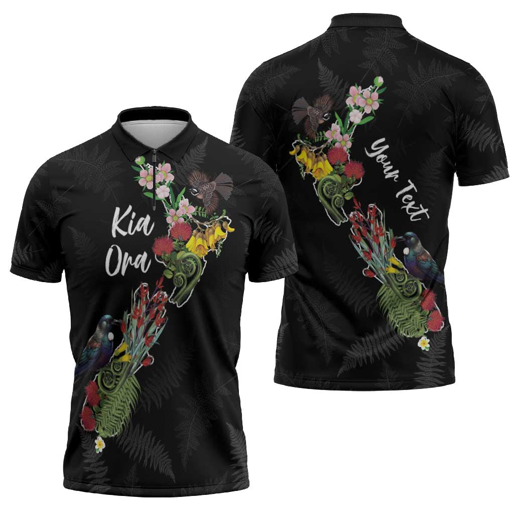 Kia Ora New Zealand Floral Personalized Zipper Polo Shirt Black - Aussie Hoodie