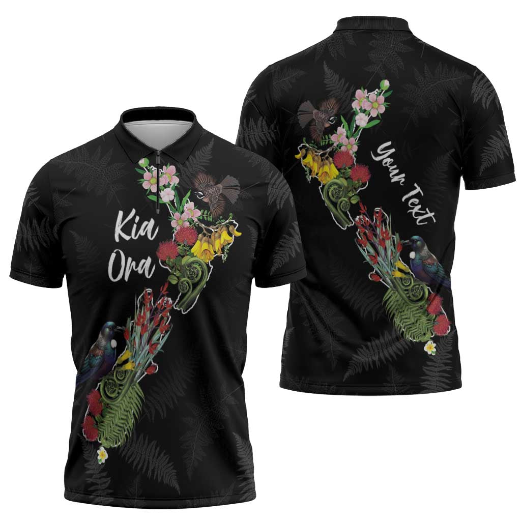 Kia Ora New Zealand Floral Personalized Zipper Polo Shirt Black - Aussie Hoodie