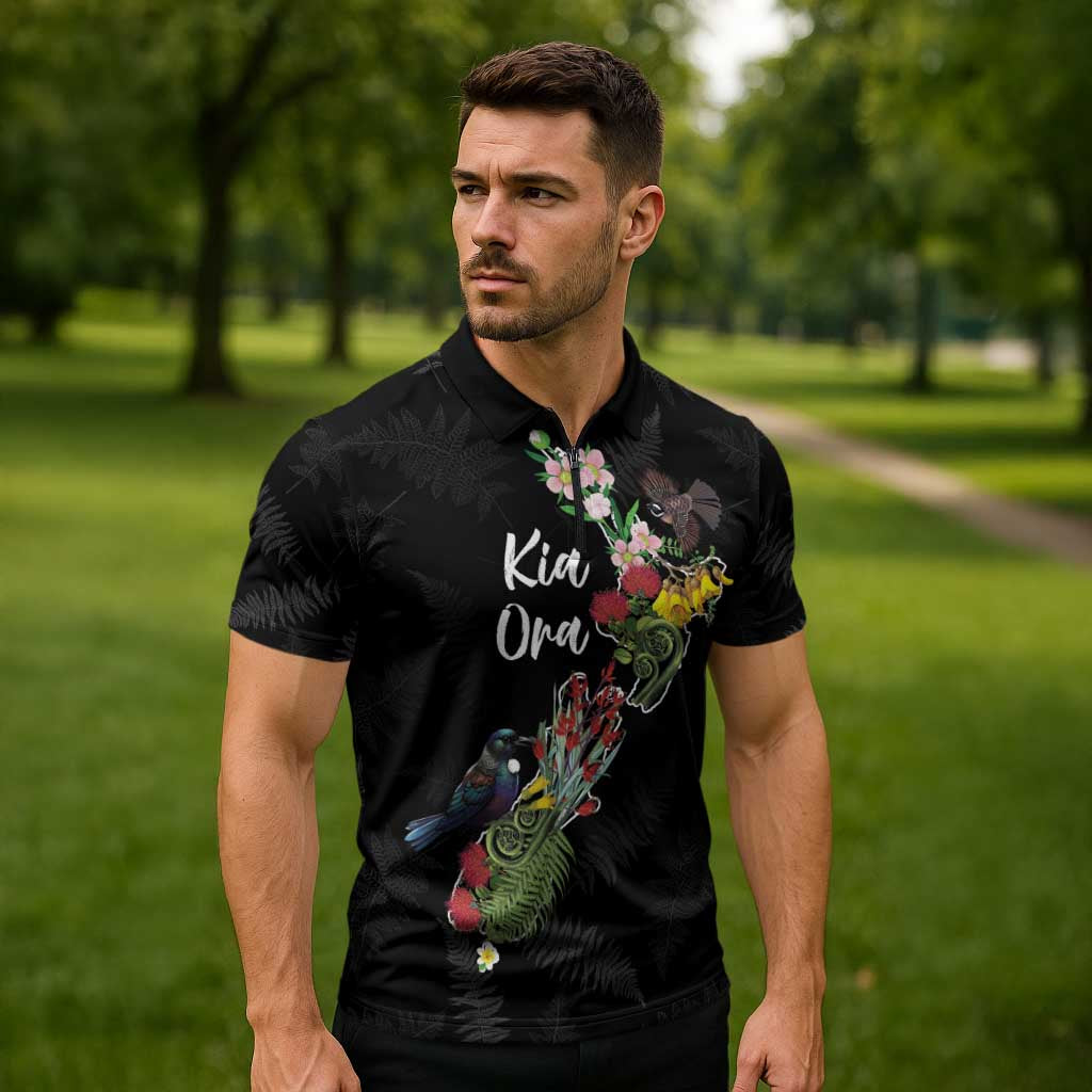 Kia Ora New Zealand Floral Personalized Zipper Polo Shirt Black - Aussie Hoodie