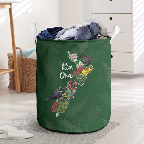 Kia Ora New Zealand Floral Laundry Basket Sage Green - Aussie Hoodie