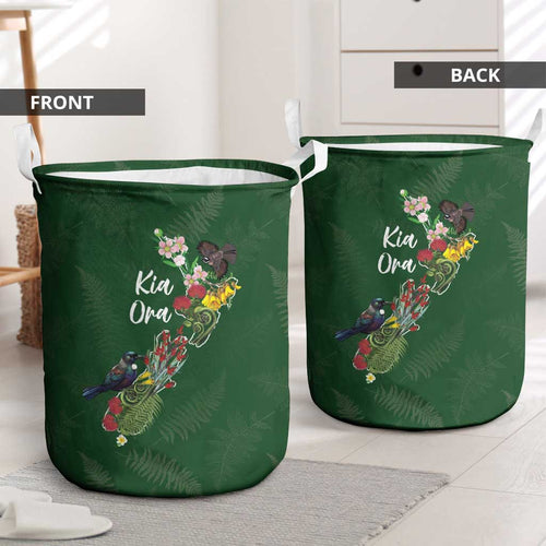 Kia Ora New Zealand Floral Laundry Basket Sage Green - Aussie Hoodie