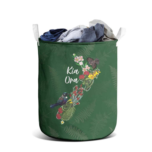 Kia Ora New Zealand Floral Laundry Basket Sage Green - Aussie Hoodie