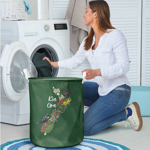 Kia Ora New Zealand Floral Laundry Basket Sage Green - Aussie Hoodie