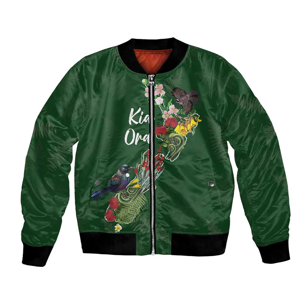 Kia Ora New Zealand Floral Personalized Bomber Jacket Sage Green - Aussie Hoodie