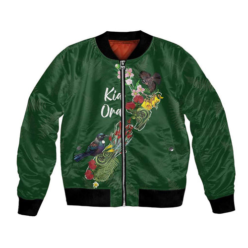Kia Ora New Zealand Floral Personalized Bomber Jacket Sage Green - Aussie Hoodie
