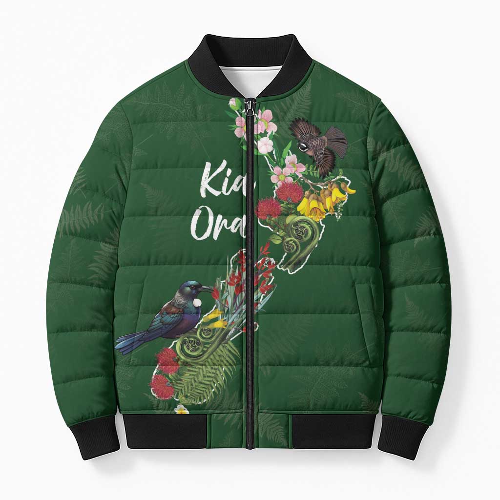Kia Ora New Zealand Floral Personalized Bomber Puffer Jacket Sage Green - Aussie Hoodie