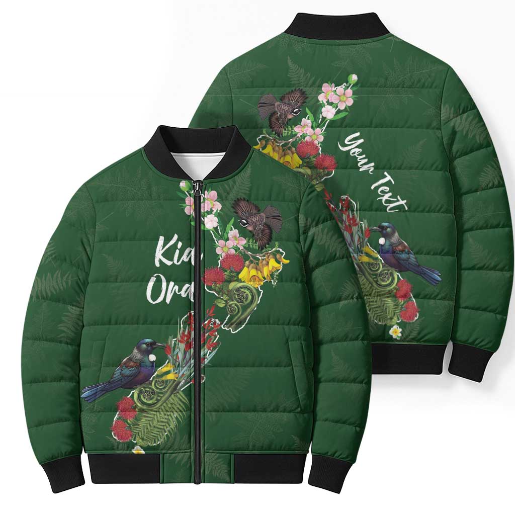 Kia Ora New Zealand Floral Personalized Bomber Puffer Jacket Sage Green - Aussie Hoodie