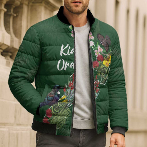Kia Ora New Zealand Floral Personalized Bomber Puffer Jacket Sage Green - Aussie Hoodie