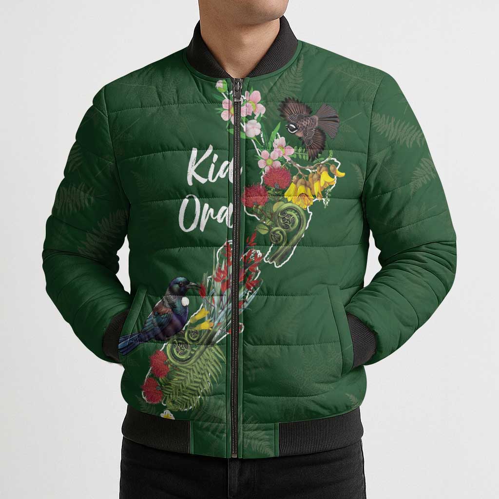Kia Ora New Zealand Floral Personalized Bomber Puffer Jacket Sage Green - Aussie Hoodie