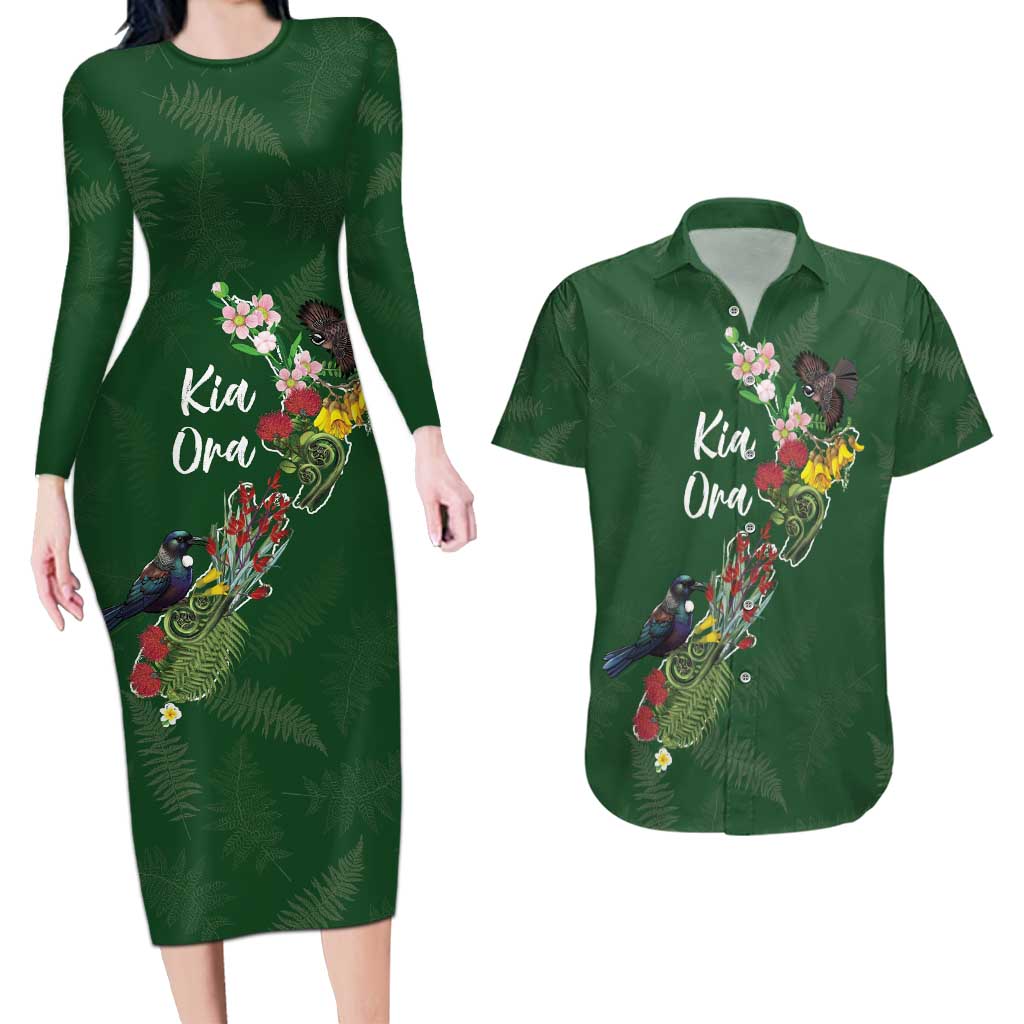 Kia Ora New Zealand Floral Personalized Couples Matching Long Sleeve Bodycon Dress and Hawaiian Shirt Sage Green - Aussie Hoodie