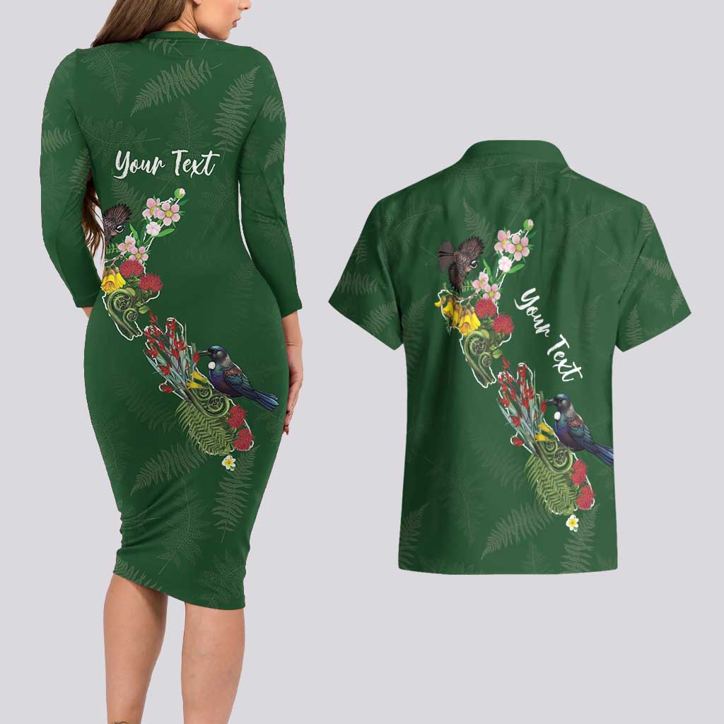 Kia Ora New Zealand Floral Personalized Couples Matching Long Sleeve Bodycon Dress and Hawaiian Shirt Sage Green - Aussie Hoodie