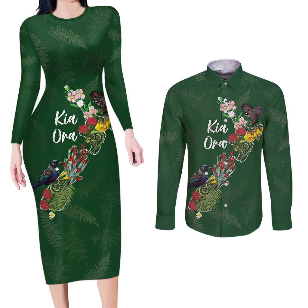 Kia Ora New Zealand Floral Personalized Couples Matching Long Sleeve Bodycon Dress and Long Sleeve Button Shirt Sage Green - Aussie Hoodie