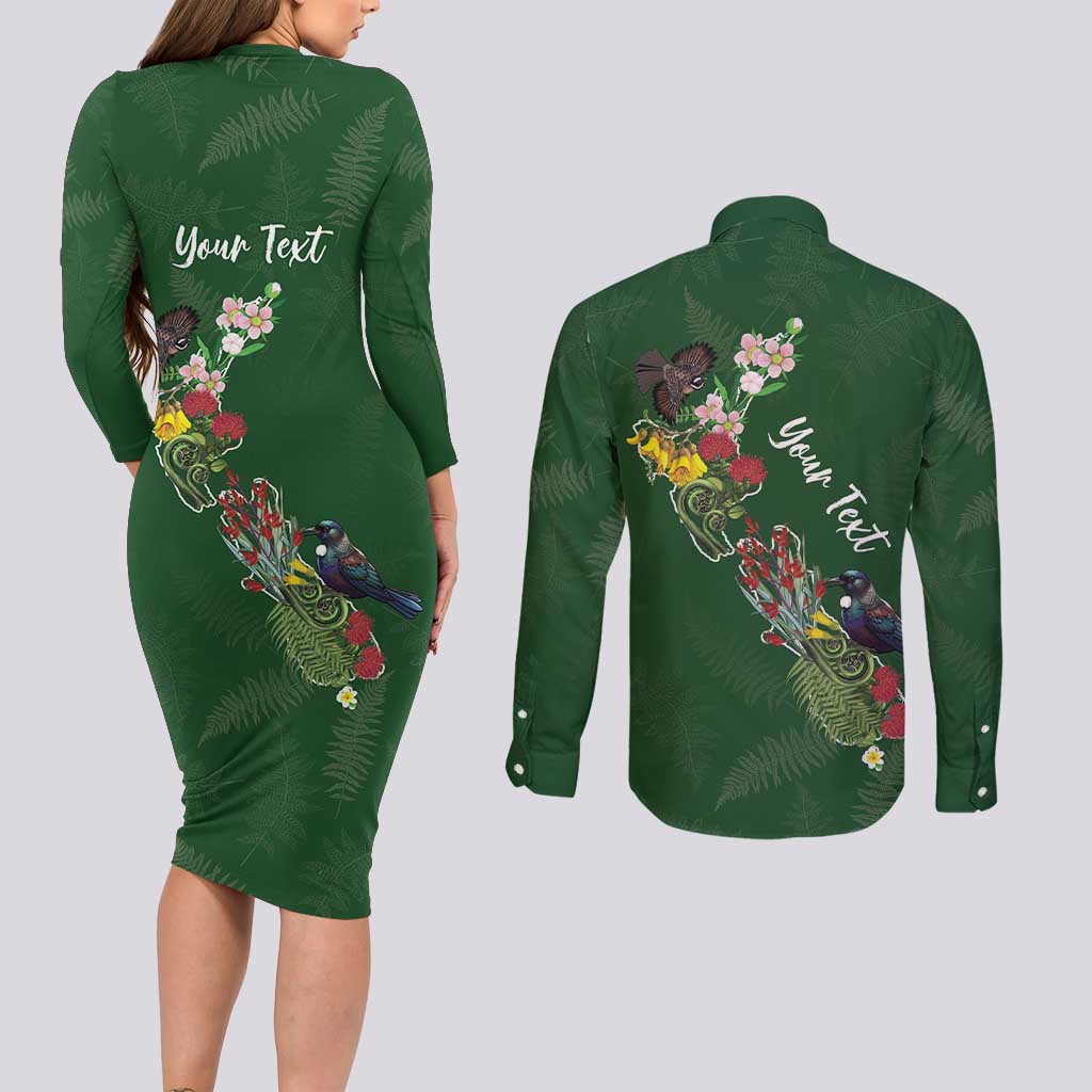 Kia Ora New Zealand Floral Personalized Couples Matching Long Sleeve Bodycon Dress and Long Sleeve Button Shirt Sage Green - Aussie Hoodie