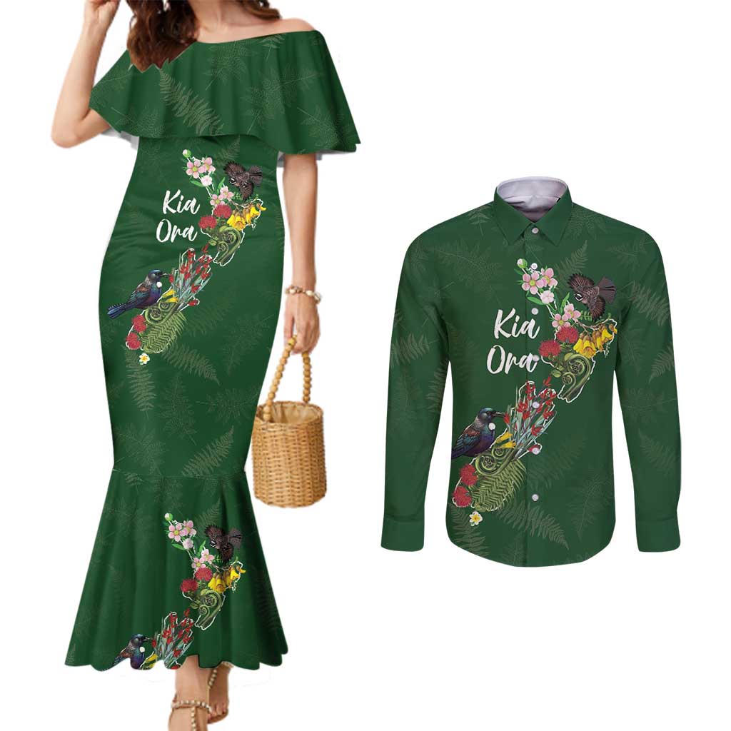 Kia Ora New Zealand Floral Personalized Couples Matching Mermaid Dress and Long Sleeve Button Shirt Sage Green - Aussie Hoodie