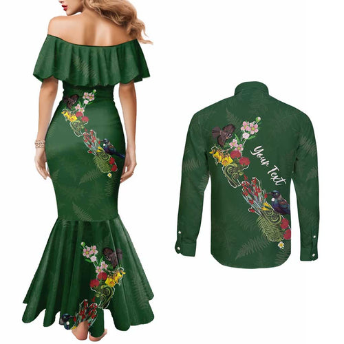 Kia Ora New Zealand Floral Personalized Couples Matching Mermaid Dress and Long Sleeve Button Shirt Sage Green - Aussie Hoodie