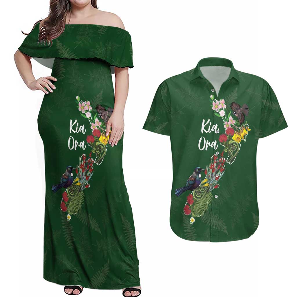 Kia Ora New Zealand Floral Personalized Couples Matching Off Shoulder Maxi Dress and Hawaiian Shirt Sage Green - Aussie Hoodie