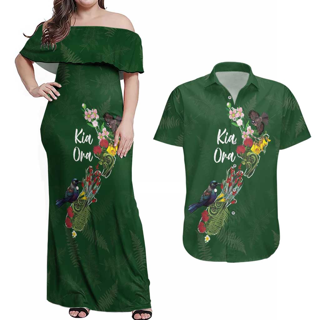 Kia Ora New Zealand Floral Personalized Couples Matching Off Shoulder Maxi Dress and Hawaiian Shirt Sage Green - Aussie Hoodie