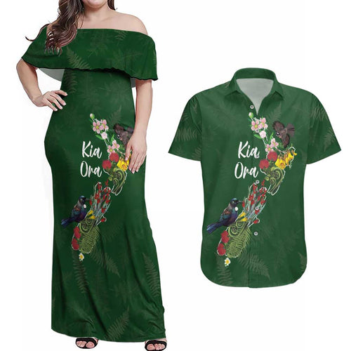 Kia Ora New Zealand Floral Personalized Couples Matching Off Shoulder Maxi Dress and Hawaiian Shirt Sage Green - Aussie Hoodie
