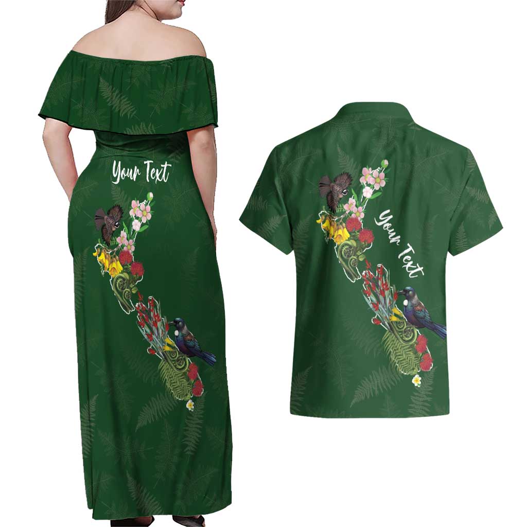 Kia Ora New Zealand Floral Personalized Couples Matching Off Shoulder Maxi Dress and Hawaiian Shirt Sage Green - Aussie Hoodie