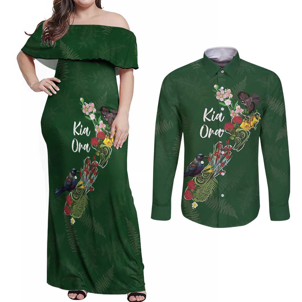Kia Ora New Zealand Floral Personalized Couples Matching Off Shoulder Maxi Dress and Long Sleeve Button Shirt Sage Green - Aussie Hoodie