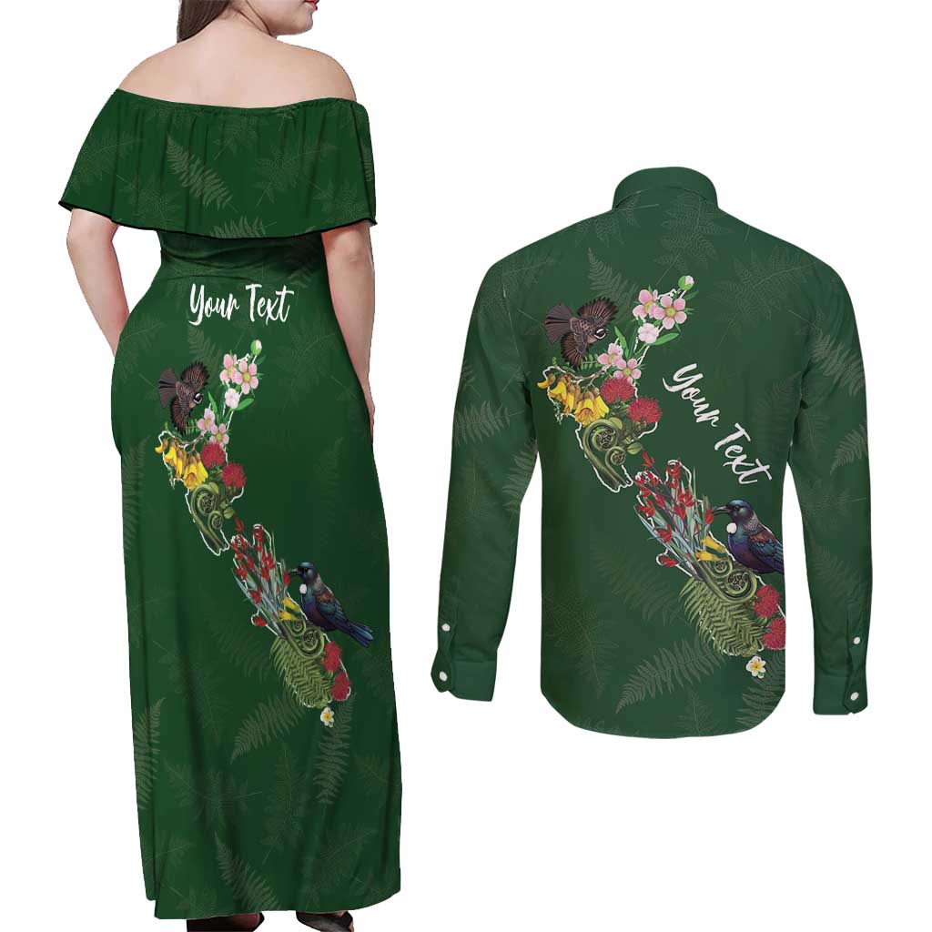 Kia Ora New Zealand Floral Personalized Couples Matching Off Shoulder Maxi Dress and Long Sleeve Button Shirt Sage Green - Aussie Hoodie