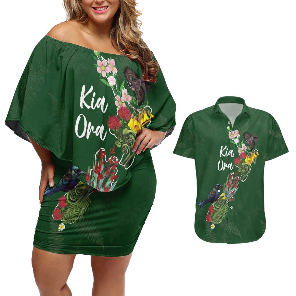 Kia Ora New Zealand Floral Personalized Couples Matching Off Shoulder Short Dress and Hawaiian Shirt Sage Green - Aussie Hoodie