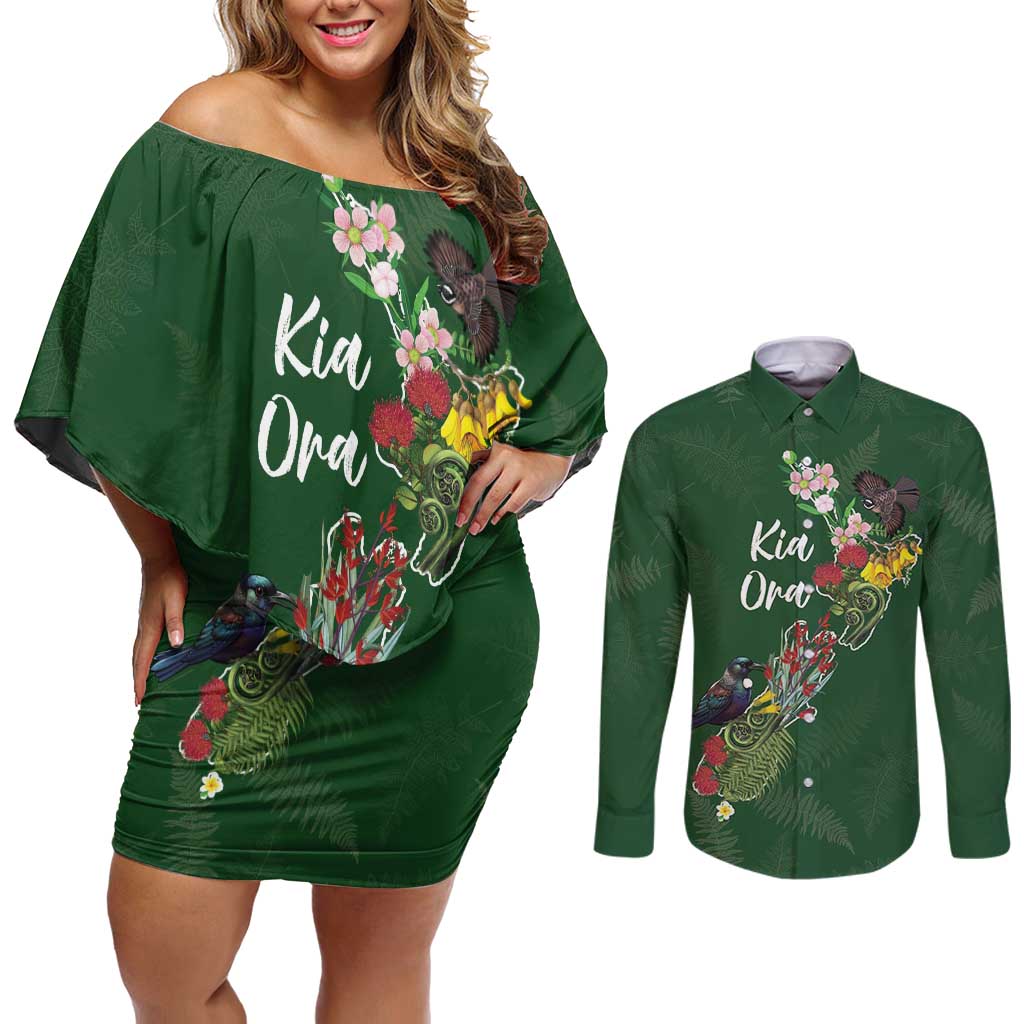 Kia Ora New Zealand Floral Personalized Couples Matching Off Shoulder Short Dress and Long Sleeve Button Shirt Sage Green - Aussie Hoodie
