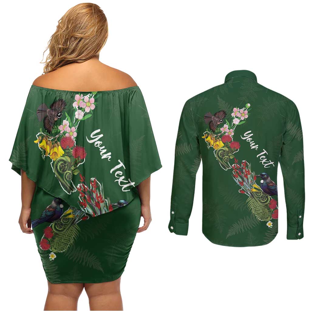 Kia Ora New Zealand Floral Personalized Couples Matching Off Shoulder Short Dress and Long Sleeve Button Shirt Sage Green - Aussie Hoodie