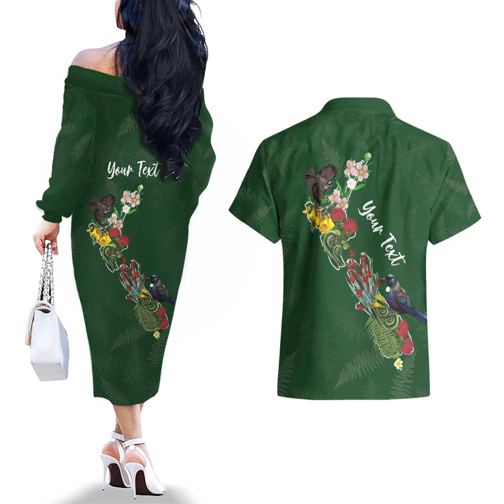 Kia Ora New Zealand Floral Personalized Couples Matching Off The Shoulder Long Sleeve Dress and Hawaiian Shirt Sage Green - Aussie Hoodie