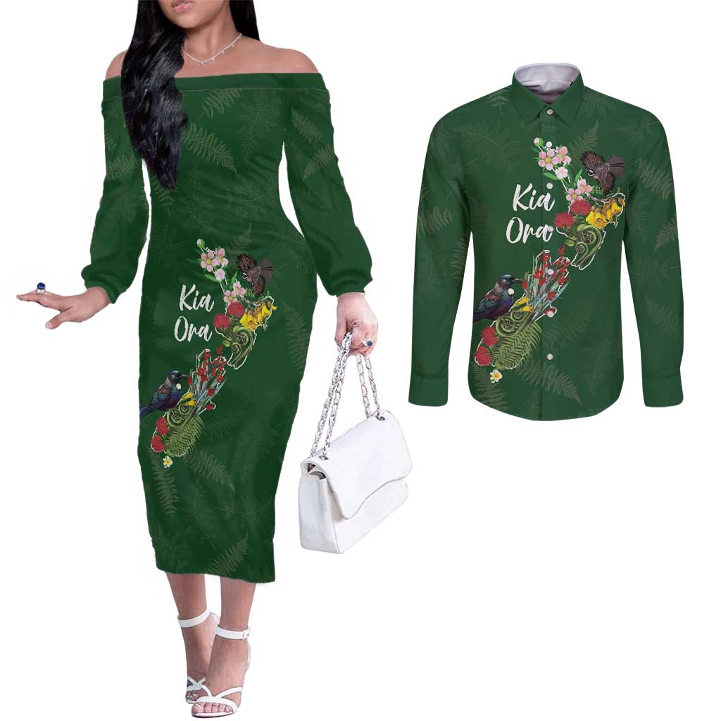 Kia Ora New Zealand Floral Personalized Couples Matching Off The Shoulder Long Sleeve Dress and Long Sleeve Button Shirt Sage Green - Aussie Hoodie