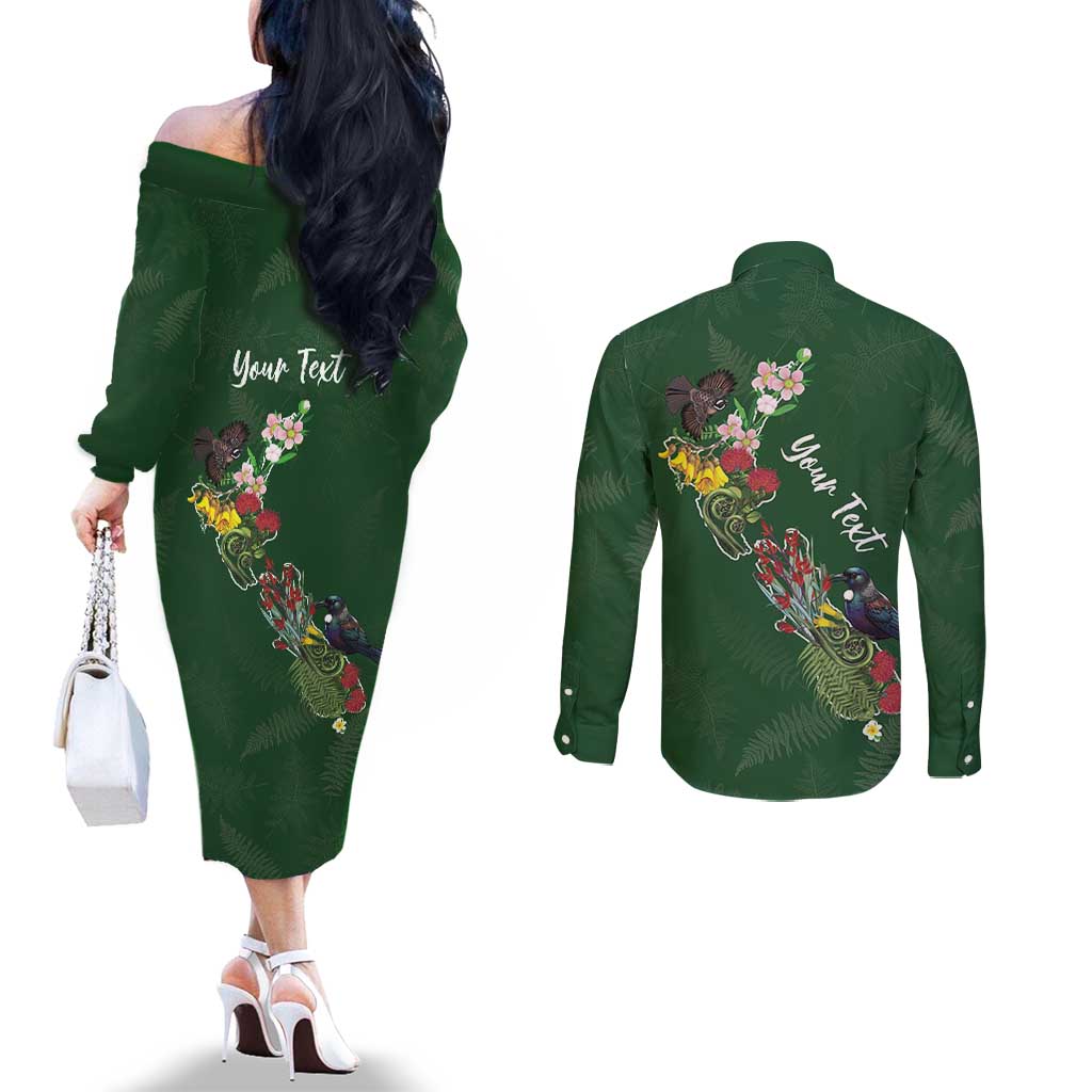 Kia Ora New Zealand Floral Personalized Couples Matching Off The Shoulder Long Sleeve Dress and Long Sleeve Button Shirt Sage Green - Aussie Hoodie