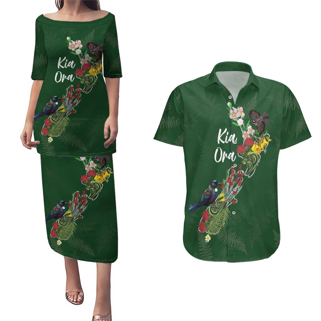 Kia Ora New Zealand Floral Personalized Couples Matching Puletasi and Hawaiian Shirt Sage Green - Aussie Hoodie