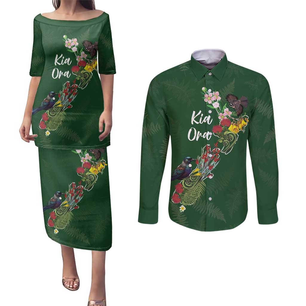 Kia Ora New Zealand Floral Personalized Couples Matching Puletasi and Long Sleeve Button Shirt Sage Green - Aussie Hoodie