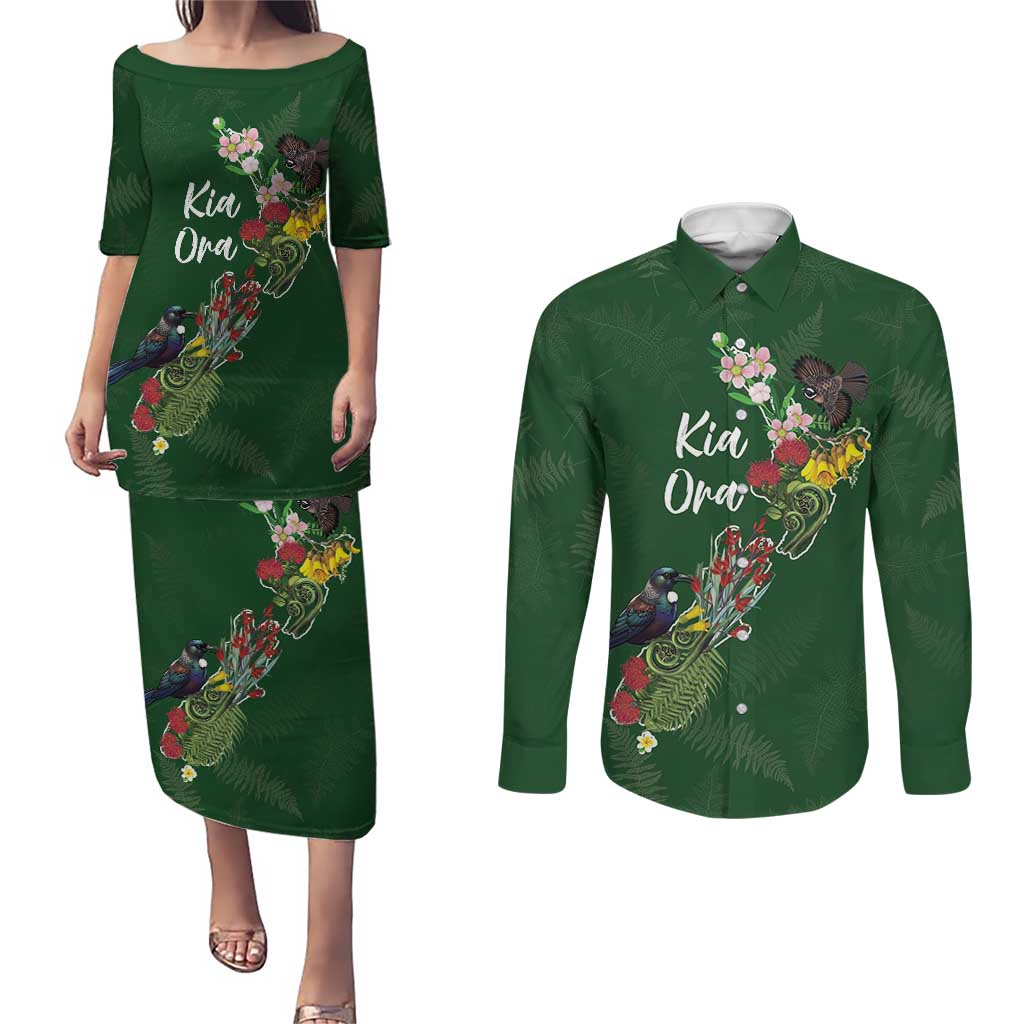 Kia Ora New Zealand Floral Personalized Couples Matching Puletasi and Long Sleeve Button Shirt Sage Green - Aussie Hoodie