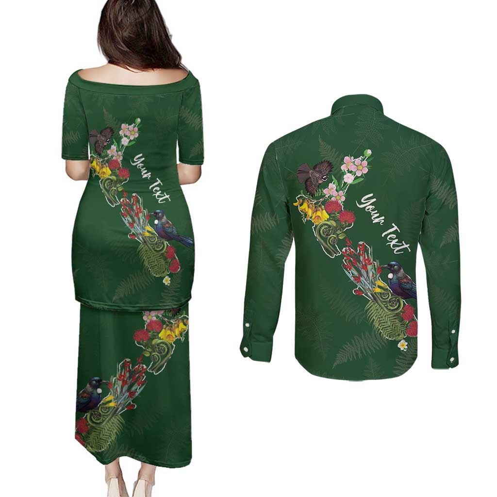 Kia Ora New Zealand Floral Personalized Couples Matching Puletasi and Long Sleeve Button Shirt Sage Green - Aussie Hoodie