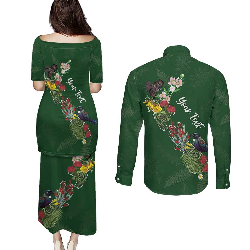 Kia Ora New Zealand Floral Personalized Couples Matching Puletasi and Long Sleeve Button Shirt Sage Green - Aussie Hoodie