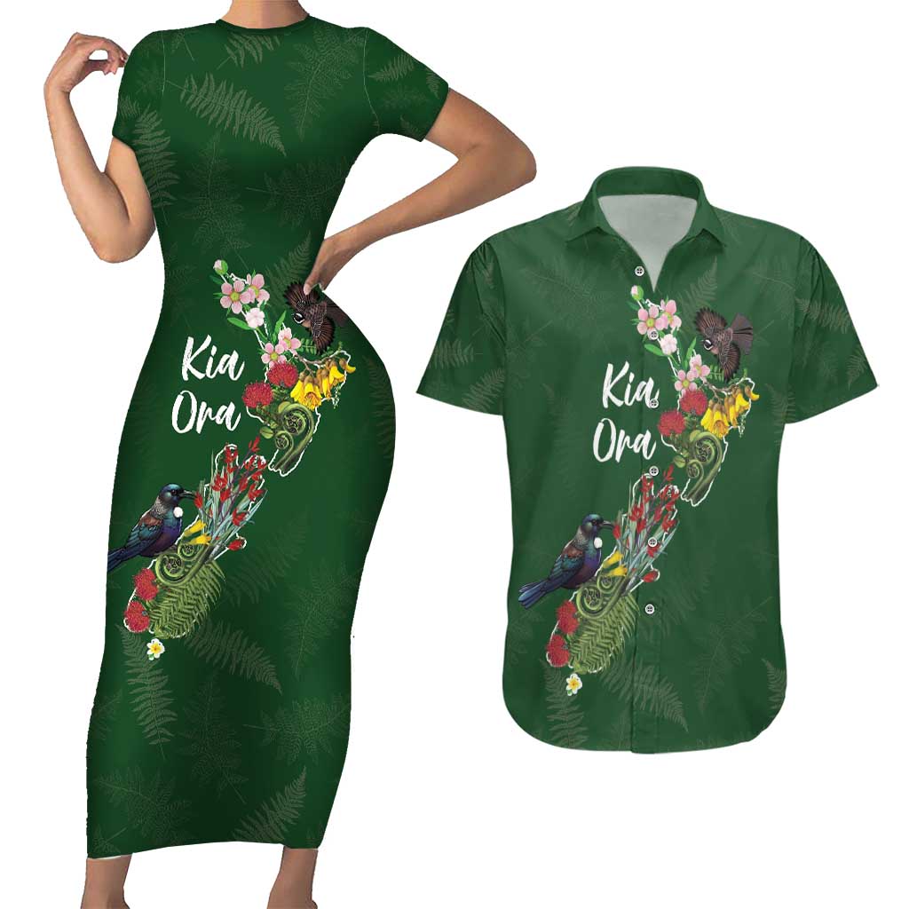 Kia Ora New Zealand Floral Personalized Couples Matching Short Sleeve Bodycon Dress and Hawaiian Shirt Sage Green - Aussie Hoodie