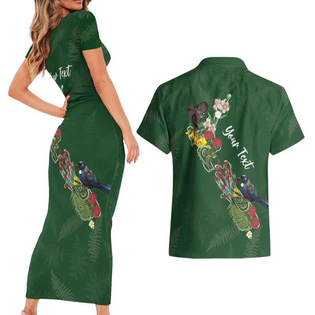 Kia Ora New Zealand Floral Personalized Couples Matching Short Sleeve Bodycon Dress and Hawaiian Shirt Sage Green - Aussie Hoodie