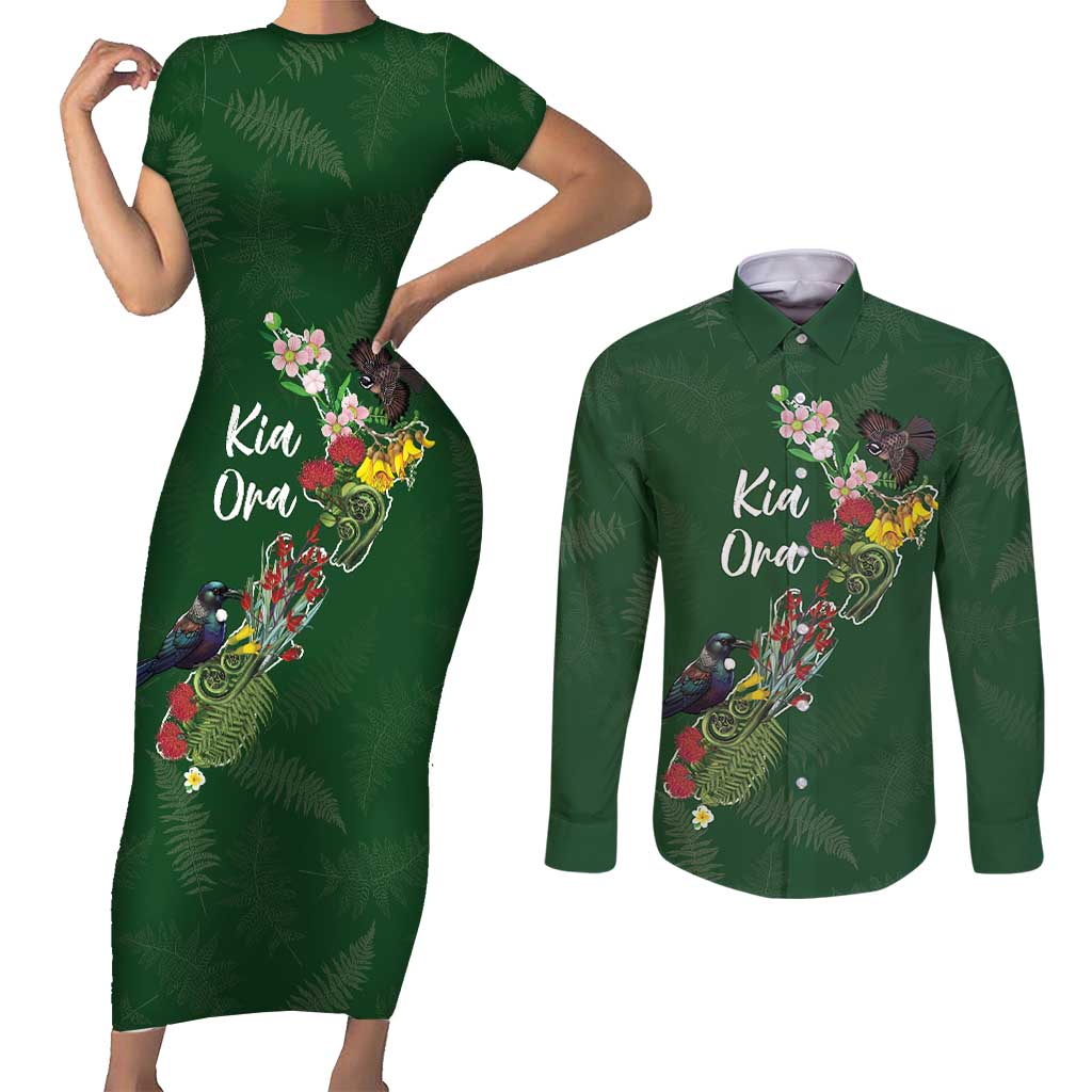 Kia Ora New Zealand Floral Personalized Couples Matching Short Sleeve Bodycon Dress and Long Sleeve Button Shirt Sage Green - Aussie Hoodie