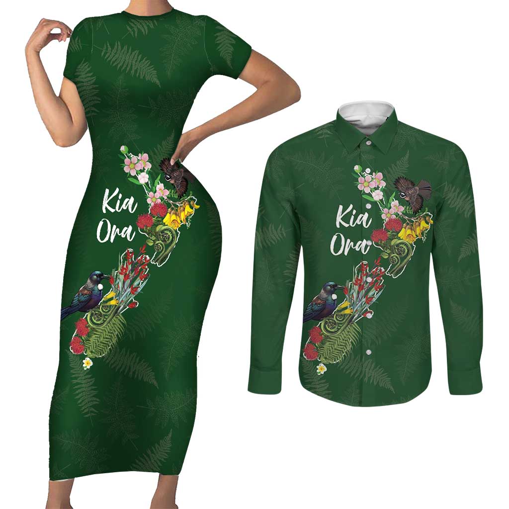 Kia Ora New Zealand Floral Personalized Couples Matching Short Sleeve Bodycon Dress and Long Sleeve Button Shirt Sage Green - Aussie Hoodie