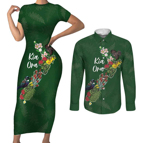 Kia Ora New Zealand Floral Personalized Couples Matching Short Sleeve Bodycon Dress and Long Sleeve Button Shirt Sage Green - Aussie Hoodie