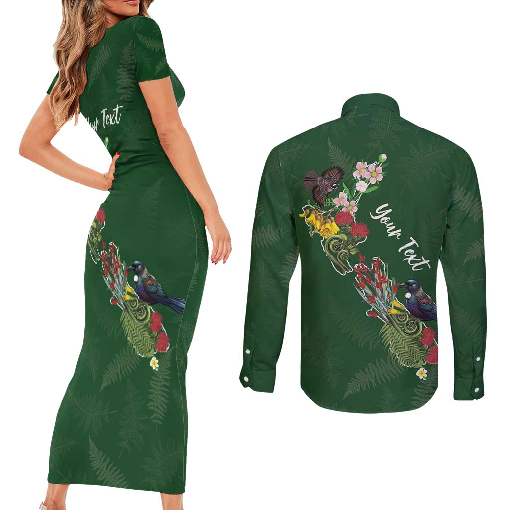 Kia Ora New Zealand Floral Personalized Couples Matching Short Sleeve Bodycon Dress and Long Sleeve Button Shirt Sage Green - Aussie Hoodie