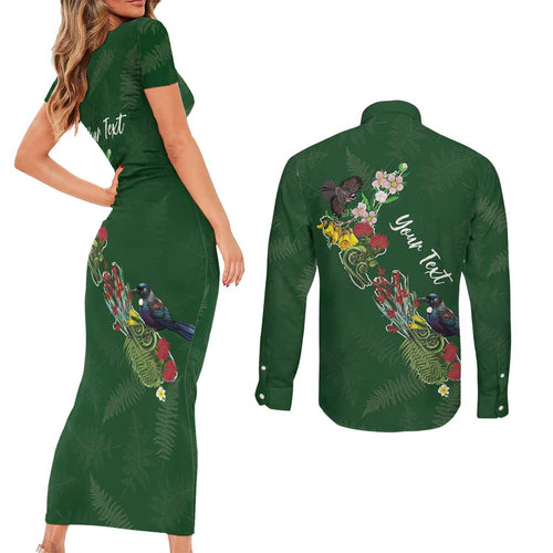 Kia Ora New Zealand Floral Personalized Couples Matching Short Sleeve Bodycon Dress and Long Sleeve Button Shirt Sage Green - Aussie Hoodie