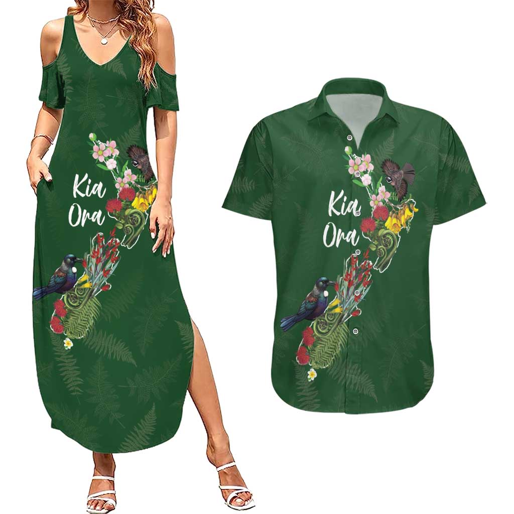 Kia Ora New Zealand Floral Personalized Couples Matching Summer Maxi Dress and Hawaiian Shirt Sage Green - Aussie Hoodie
