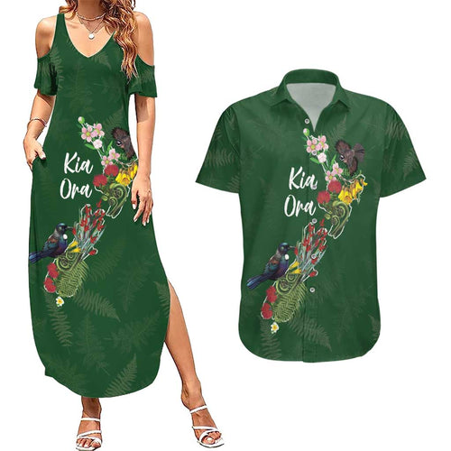 Kia Ora New Zealand Floral Personalized Couples Matching Summer Maxi Dress and Hawaiian Shirt Sage Green - Aussie Hoodie